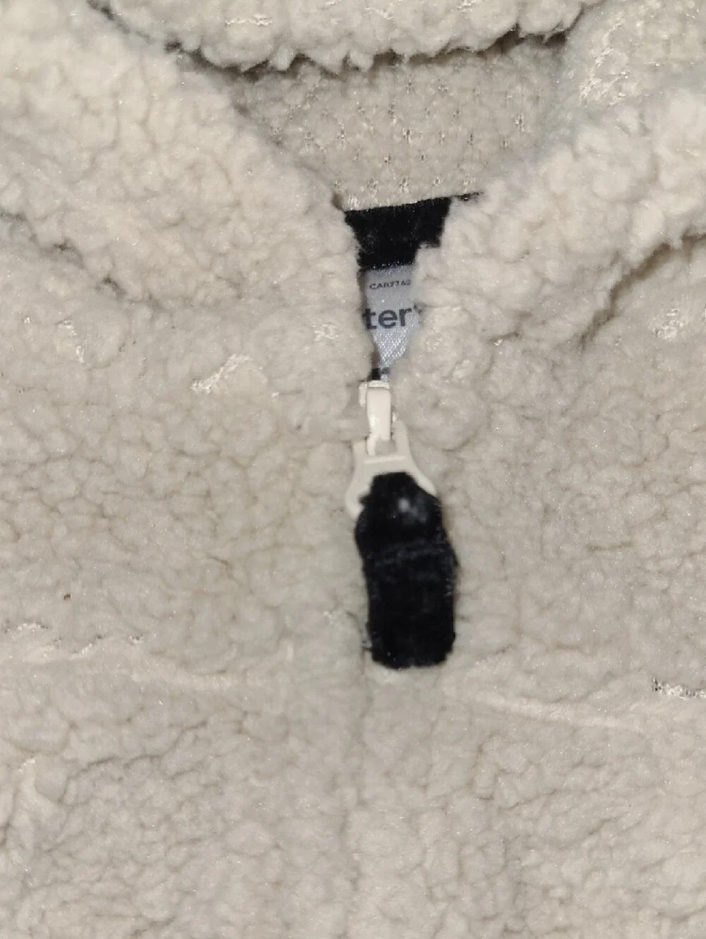 Carters Beige Sherpa Hooded Baby Vest w/ Striped Top & Patterned Leggings.